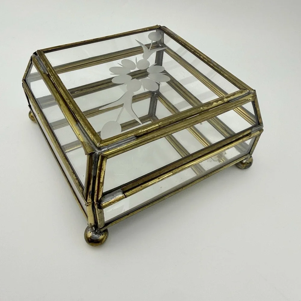 Mirrored Glass Jewelry Box Brass Trinket Etched Flower Lid Storage Display 4x4x2